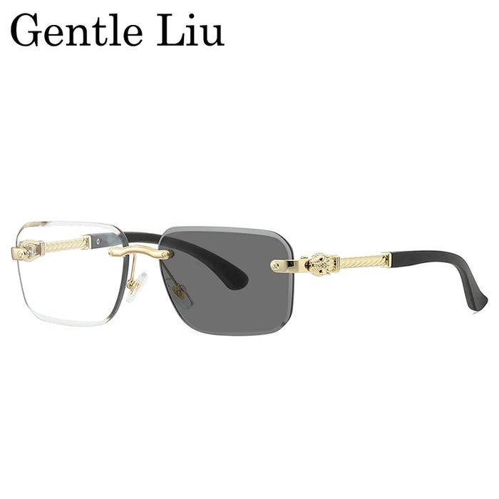 Gafas de sol fotocromáticas sin montura vintage para hombre 2026, de diseñador de lujo, cuadradas, sin montura, con cabeza de leopardo, gafas de sol para conducir, con sombra.