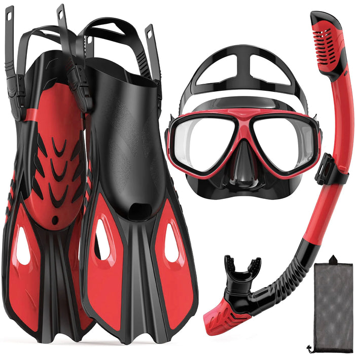 Mask Fins Snorkel Set 4 in 1 Panoramic View Dry Top Adjustable Short Dive Flippers Travel Bag Scuba Gear Diving Swimming Adults