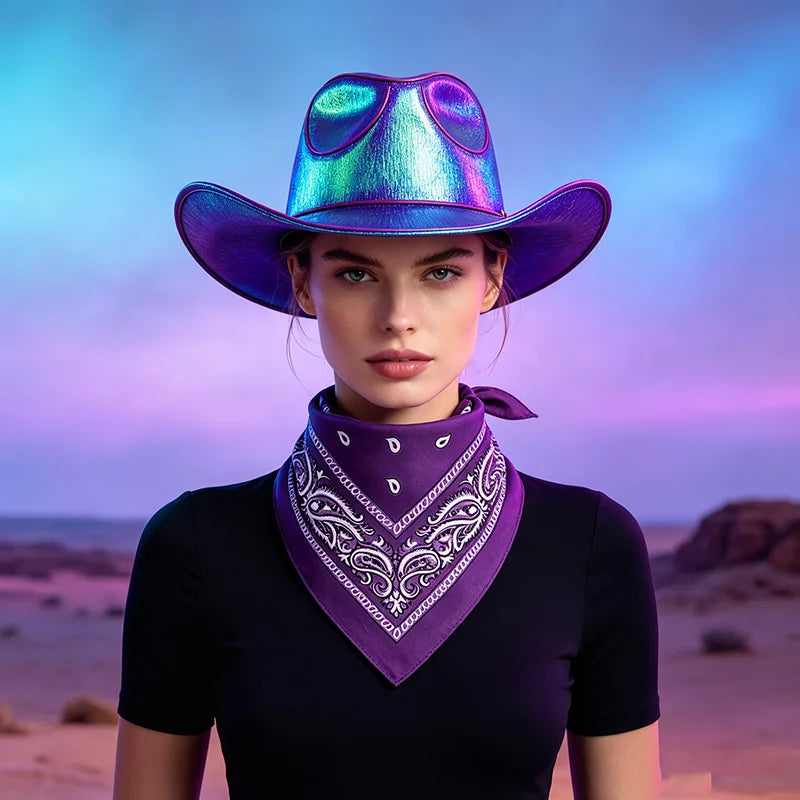 Juego de sombrero de vaquero que brilla con alambre EL, pañuelo cuadrado, luz de neón, sombrero para mujeres y hombres, fiesta de Halloween, disfraz de cosplay