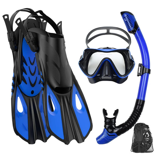 Set de máscara, aletas y tubo para esnórquel, equipo de esnórquel para adultos, máscara de esnórquel con vista panorámica, aletas de buceo ajustables, tubo de esnórquel de válvula seca y bolsa de viaje
