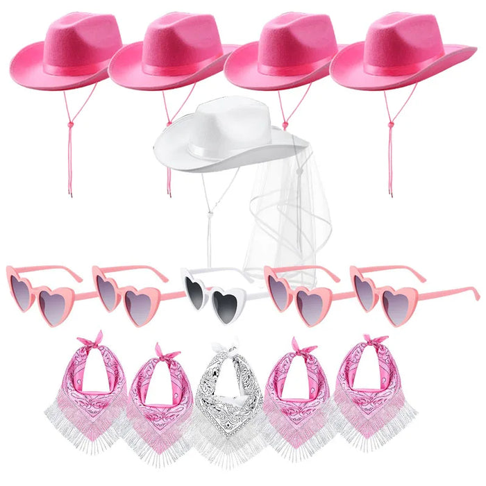 Lot de 5-12 Chapeaux de cow-girl/cowboy pour enterrement de vie de jeune fille, mariage, avec bandana en strass et lunettes en forme de cœur pour une dernière soirée disco