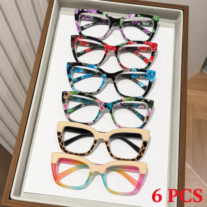 Lentes de Lectura Ojo de Gato con Estampado Floral y Leopardo para Mujer, Paquete de 6, Juego a Granel de Lentes de Lectura con Diseños Múltiples, Múltiples Dioptrías +1