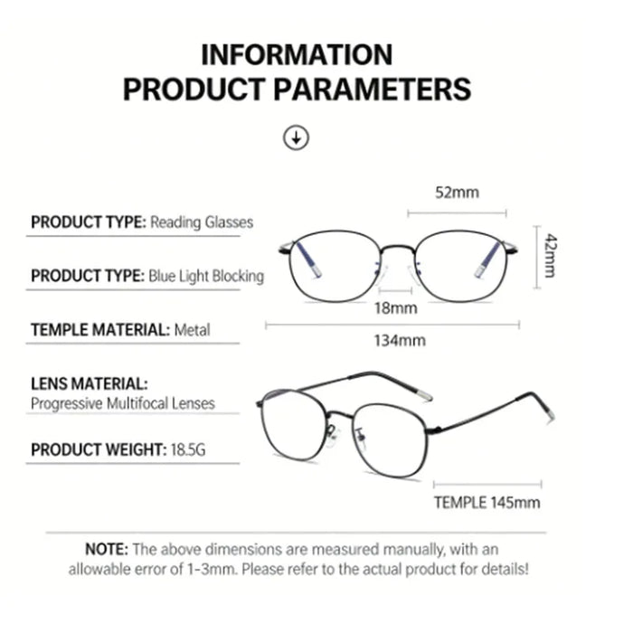 New Progressive Multifocal Reading Glasses for Both Near and Far Vision, Ultra-Light Metal Full-Frame, Anti-Blue Light, Suitable