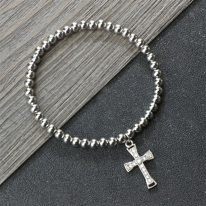 5mm Copper Beaded Bracelets With Alloy Cross Pendant Bangles Fashion Women Elastic Rope Wristbands Men Energy Yoga Jewelry Gifts