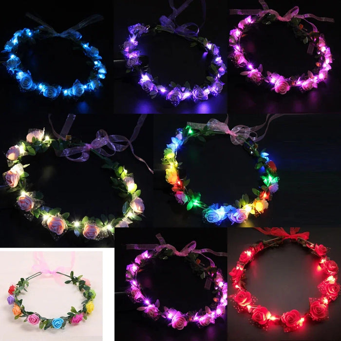 10pcs Adult Kids LED Glow Party Sequin Cat Bunny Crown Flower Headband Halo Light Up Wreath Hairband Birthday Gift Wedding
