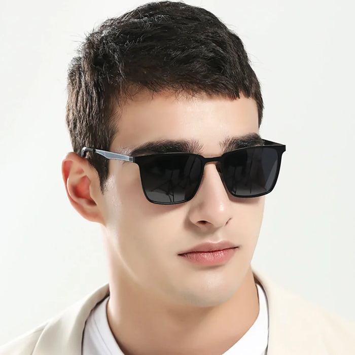 VIVIBEE Gafas de Sol Clásicas Rectangulares Polarizadas para Hombre, Negro Mate, UV400, de Moda, Cuadradas, con Bisagra de Resorte, para Conducir