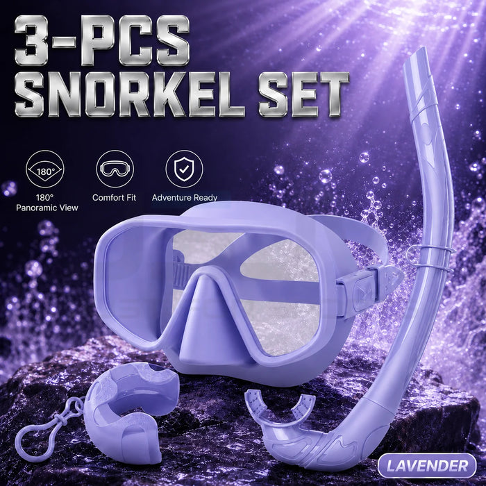 JSJM New 3PCS Snorkel Set Diving Mask Wet Snorkel Anti Fog Leak Proof Tempered Glass Wide View Silicone for Adults Men Women