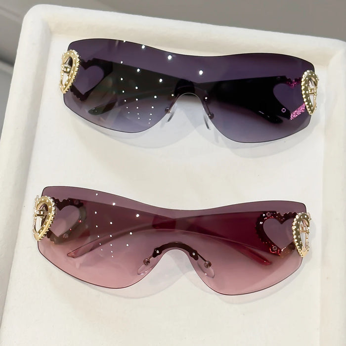 2 gafas Y2K integradas sin montura, diseño de doble corazón, versátiles para fotografía callejera diaria/viajes de mujer