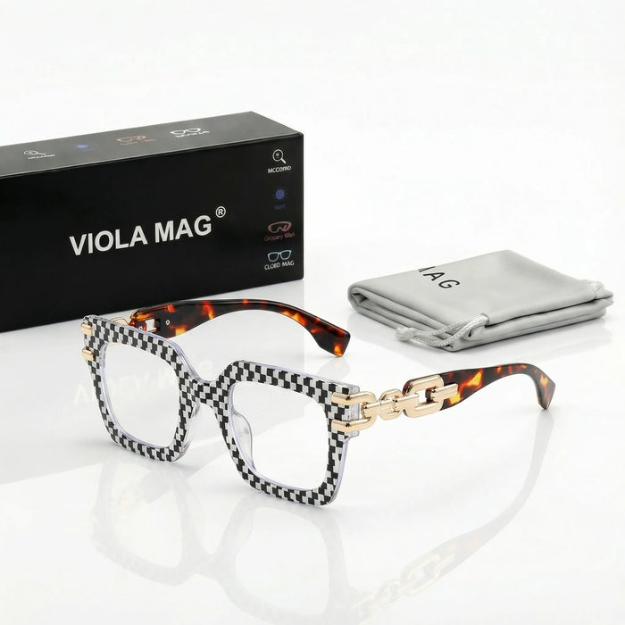 VIOLA MAG Grandes lunettes de lecture carrées avec chaîne, anti-lumière bleue, pour les trajets quotidiens et la photographie de rue, avec étui et