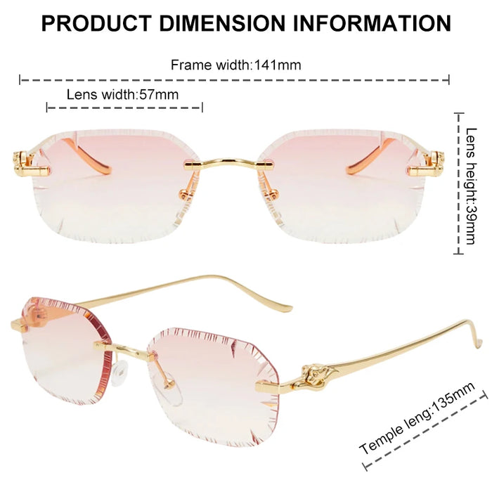 Petites lunettes de soleil rectangulaires punk sans monture homme 2026, monture léopard de luxe sans bords, verres découpés, style rétro, monture métal doré