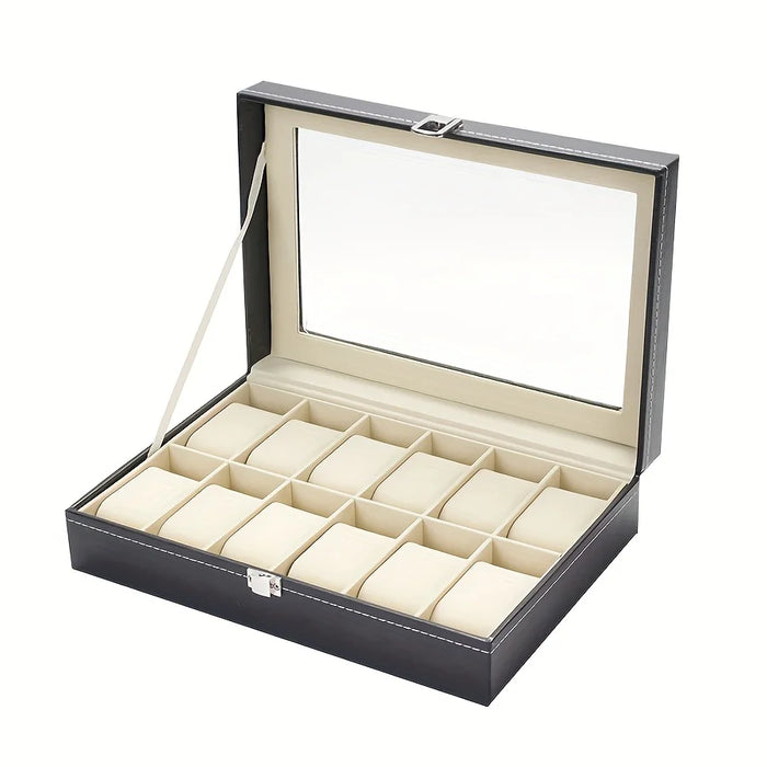 Estuche expositor de relojes de cuero sintético con 12 ranuras, organizador de relojes de 1 pieza con cerradura y almohadas extraíbles para hombres, regalo de viaje