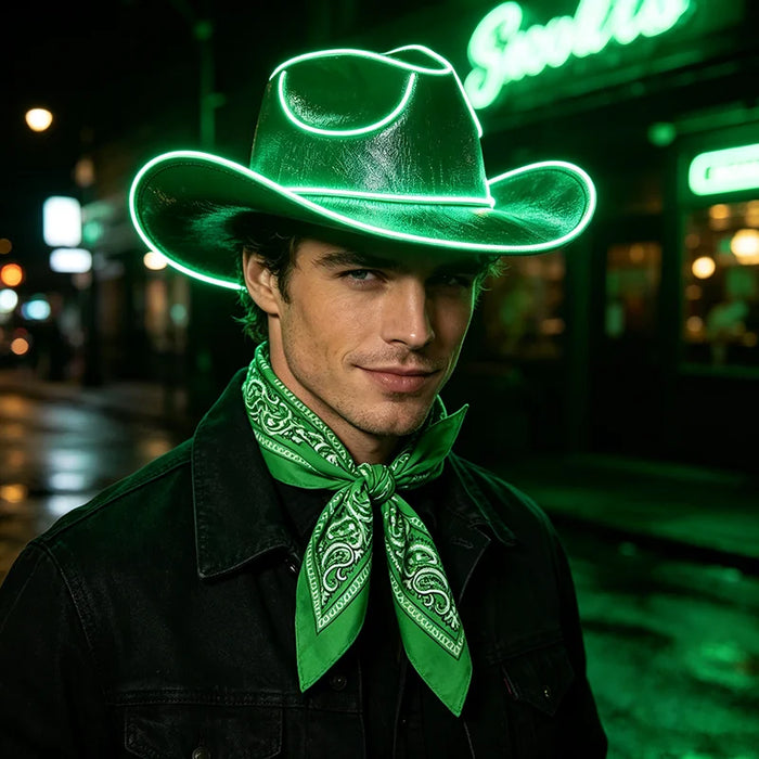 Juego de sombrero de vaquero que brilla con alambre EL, pañuelo cuadrado, luz de neón, sombrero para mujeres y hombres, fiesta de Halloween, disfraz de cosplay