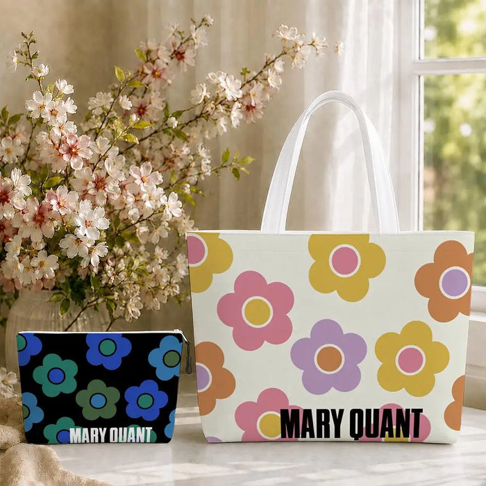 Fashion M-Mary Quant Storage Bags 2-Piece Canvas Tote Bag Set with Zipper Pouch Large Capacity Shopping Travel Bag