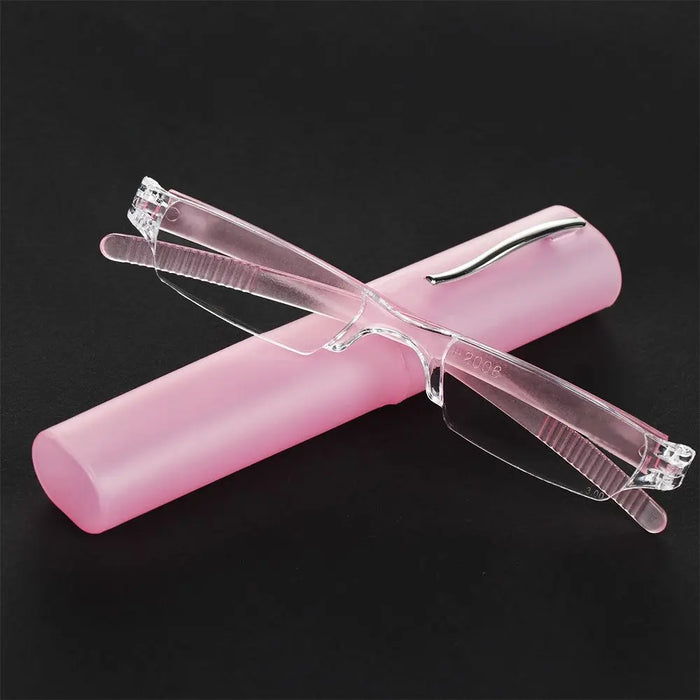 1PC Unisex Compact Mini Slim Pen Reading Glasses Metal Small Tube Spring Hinged Reader Eyeglasses with Portable Clip Case1.0~4.0