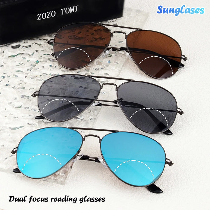 ZOZOTOMI Bifocal Reading Glasses Sunglasses Men Women Pilot Metal Frame Dual Focus Presbyopic Spectacles Coating Lens UV400