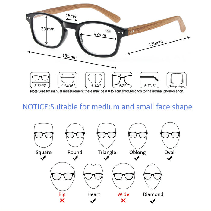 Reading Glasses for Men Women Fashion Wood-Look Plastic Eyeglass Frame Spring Hinge Stylish Readers Magnifying Glass Eyewear