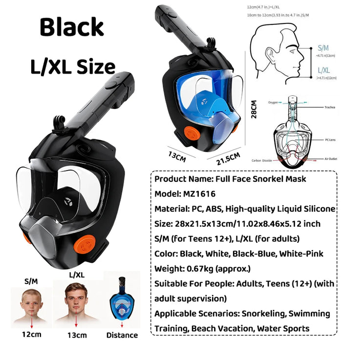Full Face Snorkel Mask 180° Panoramic View Dry Top Snorkel Anti-Fog Leak-Proof Safe Breathing Swimming Diving Gear for Adults