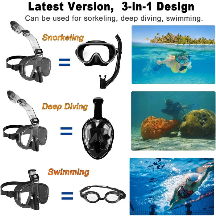 Snorkel and Diving Mask Foldable Anti-Fog Diving Mask Set with Full Dry Top System Adults Diving Goggles Diving Camera Support