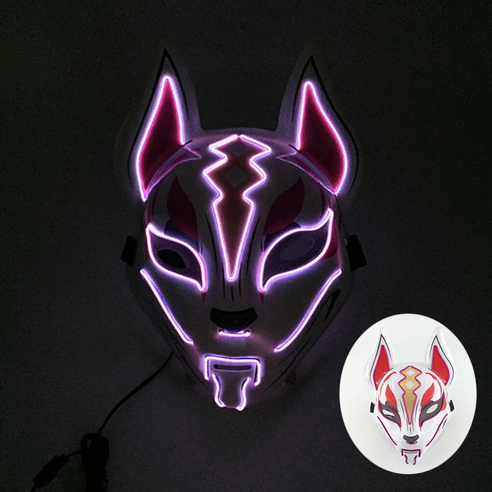 LED Fox Mask Neon Light Up Japanese Kitsune Mask for Halloween Cosplay Party Rave Festival Costume Glowing EL Wire Masque