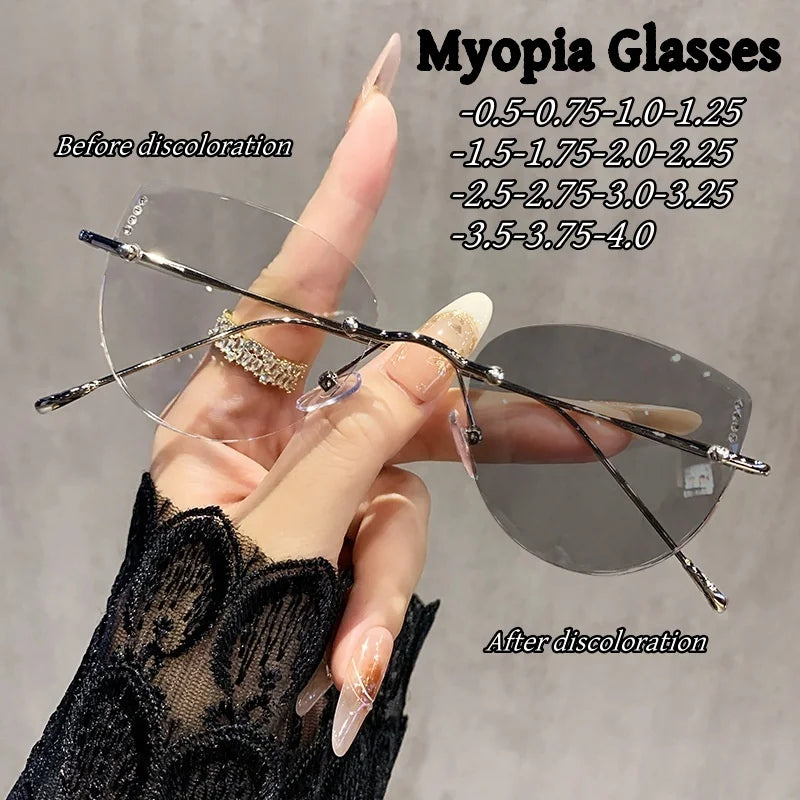 Ultralight Women's Frameless Glasses Frame Color Change Myopia Glasses Fashion Cat Glasses Frame Glasses