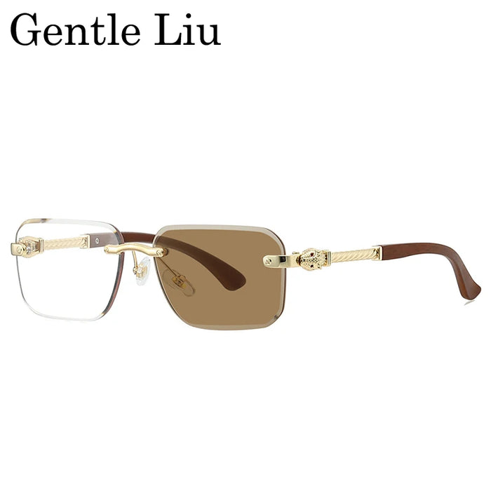 Gafas de sol fotocromáticas sin montura vintage para hombre 2026, de diseñador de lujo, cuadradas, sin montura, con cabeza de leopardo, gafas de sol para conducir, con sombra.