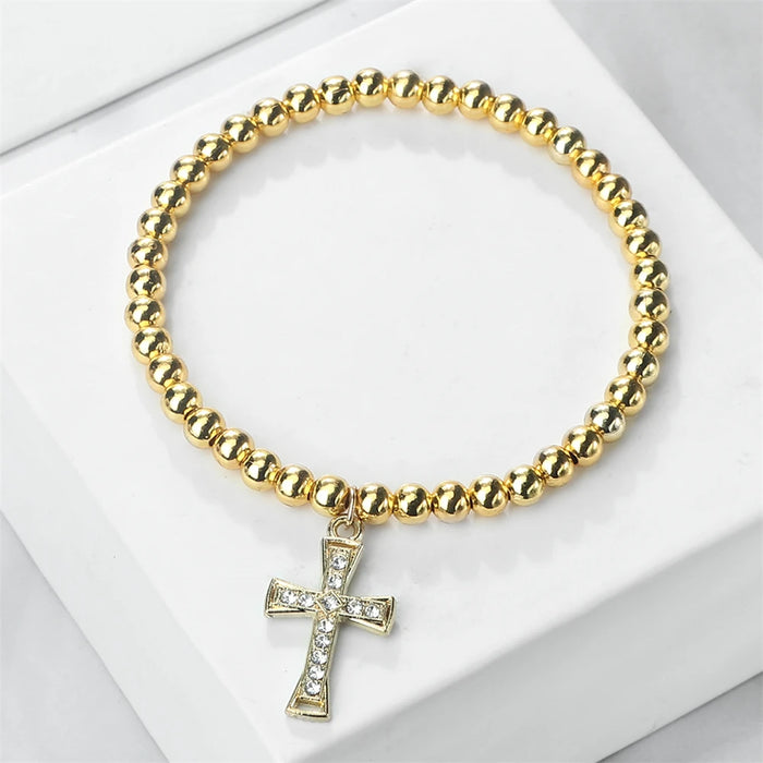 5mm Copper Beaded Bracelets With Alloy Cross Pendant Bangles Fashion Women Elastic Rope Wristbands Men Energy Yoga Jewelry Gifts
