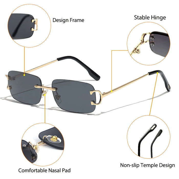 HBK Retro Rimless Small Sunglasses Women Metal Rectangle Gold Frame Brand Design Men Eyewear Driving Travel Beach Eyewear UV400