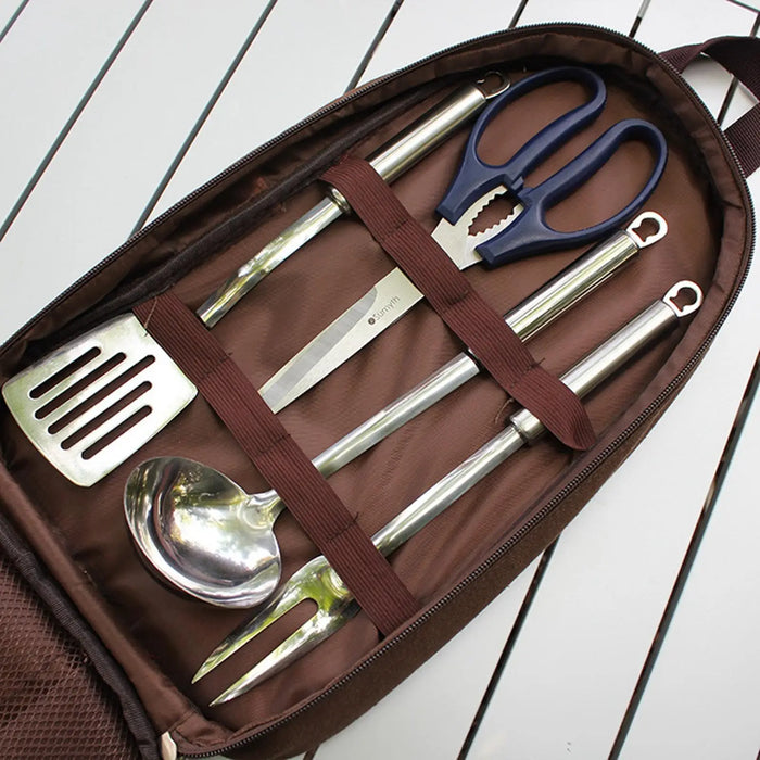Juego de utensilios de cocina de camping de 7 piezas con bolsa de transporte para barbacoa, playa, senderismo, viajes, organizador, almacenamiento, utensilios de cocina, equipo