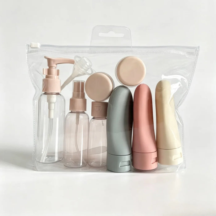 Juego de 11 botellas de viaje con bolsa de almacenamiento, recipientes de viaje vacíos para líquidos, cremas, lociones, botella pulverizadora de niebla fina, tubos exprimibles