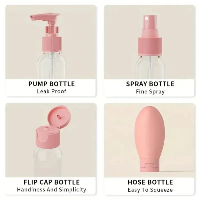 Juego de 11 botellas de viaje con bolsa de almacenamiento, recipientes de viaje vacíos para líquidos, cremas, lociones, botella pulverizadora de niebla fina, tubos exprimibles