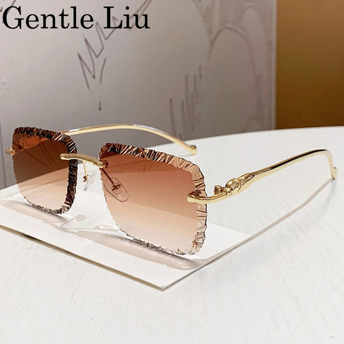 Gafas de sol de moda cuadradas sin montura estilo punk para hombre 2025 de marca de lujo con borde cortado sin marco gafas de sol para hombre con cabeza de leopardo