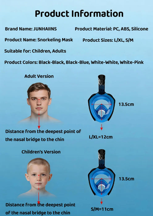 Full Face Snorkel Mask 180° Panoramic View Dry Top Snorkel Anti-Fog Leak-Proof Safe Breathing Swimming Diving Gear for Adults