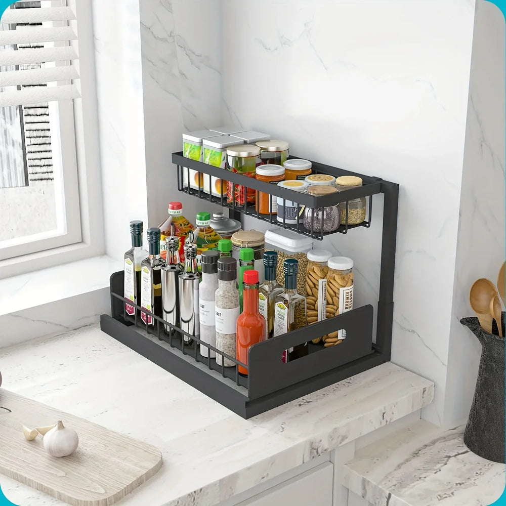 Expandable Double Layer Pull Out Under Sink Organizer Basket Kitchen Cabinet Storage Space Organization Tool