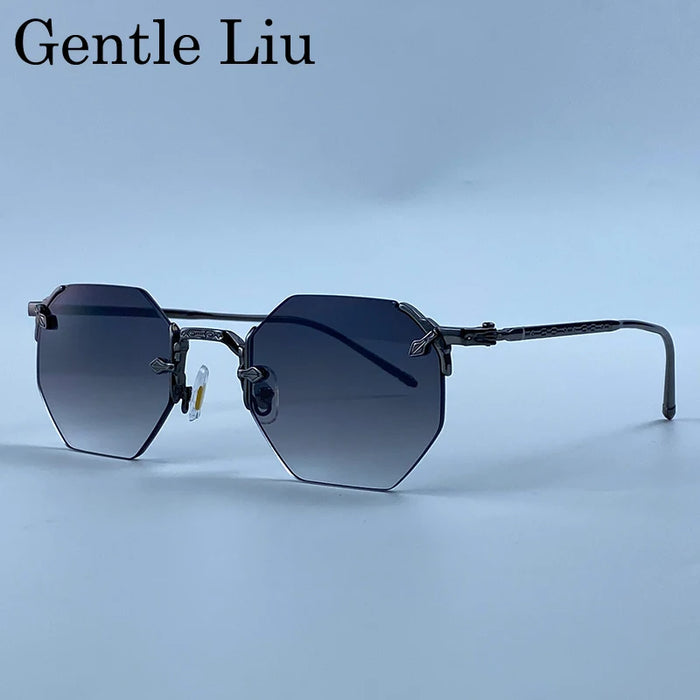 Vintage Rimless Octagon Sunglasses Men 2026 Luxury Designer Steampunk Gold Metal Frame Sun Glasses Retro Hip Hop Frameless Shade