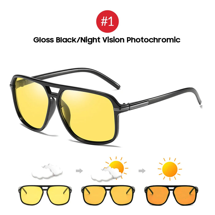 VIVIBEE Gafas de visión nocturna polarizadas amarillas retro cuadradas grandes fotocromáticas para hombre, gafas de sol de moda para conducir para mujer