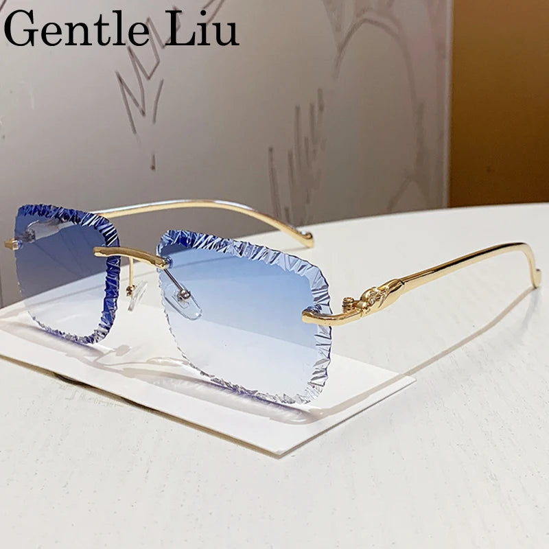 Gafas de sol de moda cuadradas sin montura estilo punk para hombre 2025 de marca de lujo con borde cortado sin marco gafas de sol para hombre con cabeza de leopardo