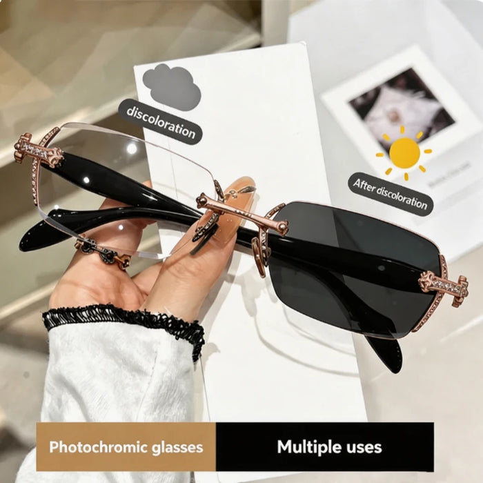 Lunettes de vue sans monture unisexe pour la myopie, avec montures en métal et verres photochromiques ; adaptées à un usage quotidien au bureau.
