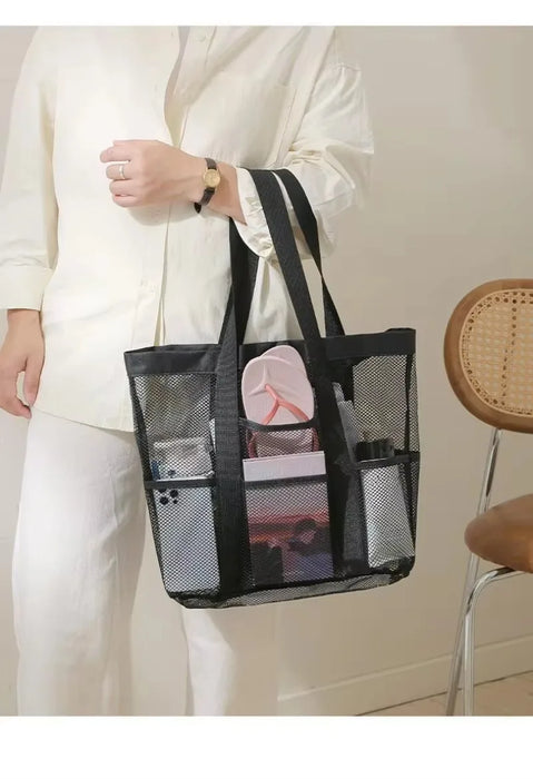 Bolsa de almacenamiento portátil de malla, organizador de ducha colgante para artículos de tocador y baño. Gran capacidad para playa, piscina, gimnasio y viajes.