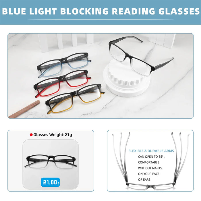 MODFANS Stylish Gradient Rectangle Men's Blue Blackout Reading Glasses, UV Protection, Comfort Spring Hinge Glasses