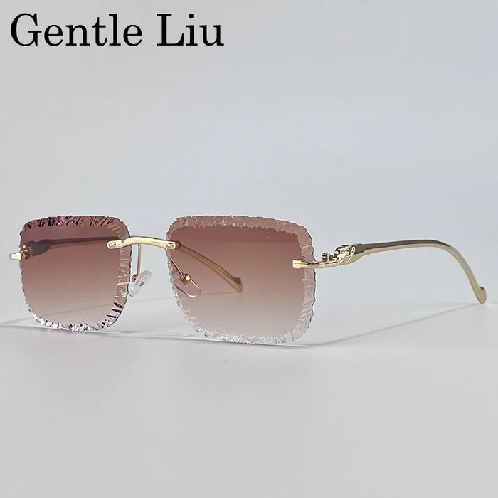 Gafas de sol de moda cuadradas sin montura estilo punk para hombre 2025 de marca de lujo con borde cortado sin marco gafas de sol para hombre con cabeza de leopardo