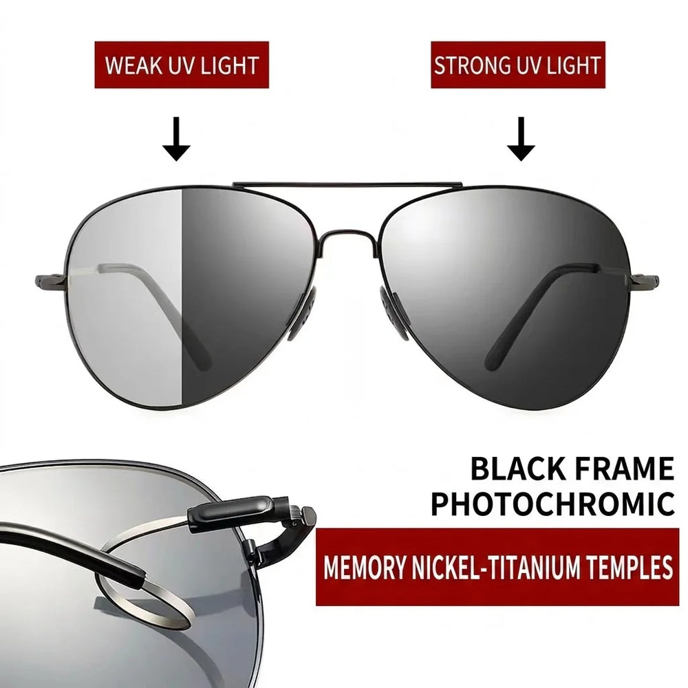Memory Metal Pilot Sunglasses Men Polarized Flexible Titanium Temples Driving Sun Glasses Male Photochromic Chameleon Eyewear UV