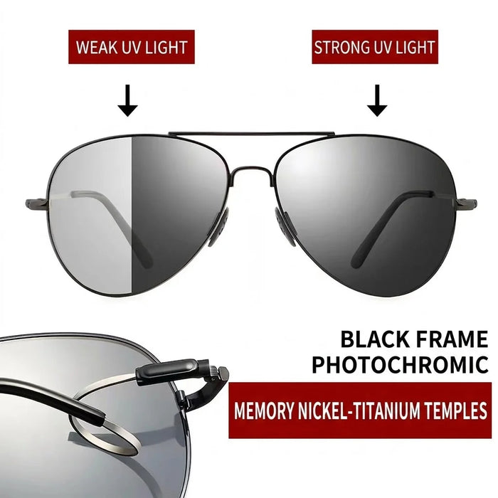 Memory Metal Pilot Sunglasses Men Polarized Flexible Titanium Temples Driving Sun Glasses Male Photochromic Chameleon Eyewear UV