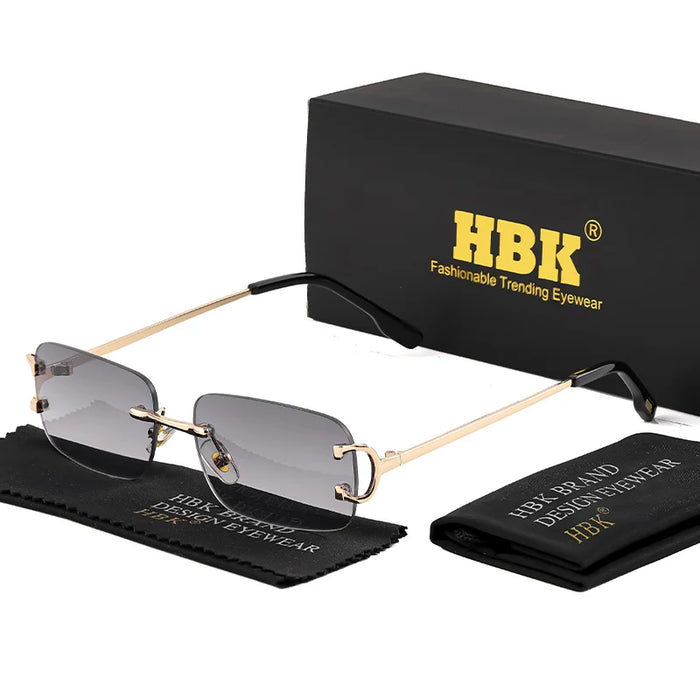 HBK Retro Rimless Small Sunglasses Women Metal Rectangle Gold Frame Brand Design Men Eyewear Driving Travel Beach Eyewear UV400