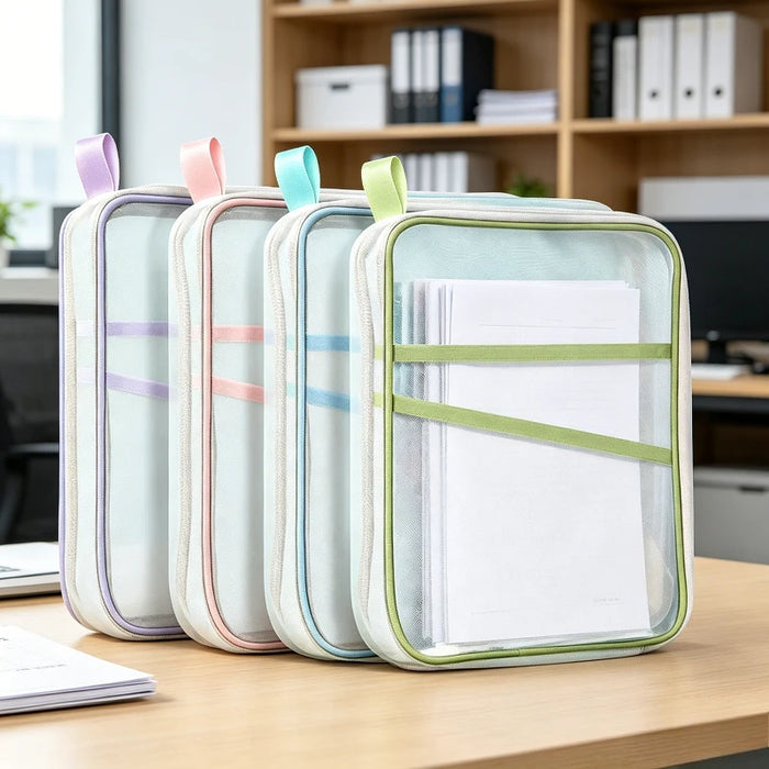 Sac de rangement pour papeterie A4, double couche, en maille, avec fermeture éclair, grande capacité, pour dossiers, fournitures scolaires et de bureau