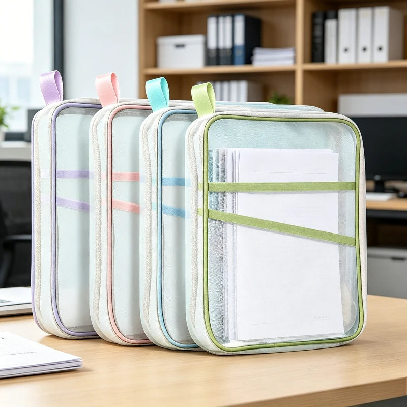 Sac de rangement pour papeterie A4, double couche, en maille, avec fermeture éclair, grande capacité, pour dossiers, fournitures scolaires et de bureau