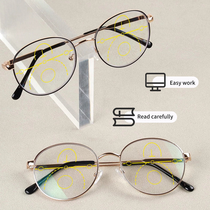 Progressive Multifocal Reading Glasses for Women Men Fashion Round Metal Frame Triple Zone Presbyopic Eyeglasses Computer Reader