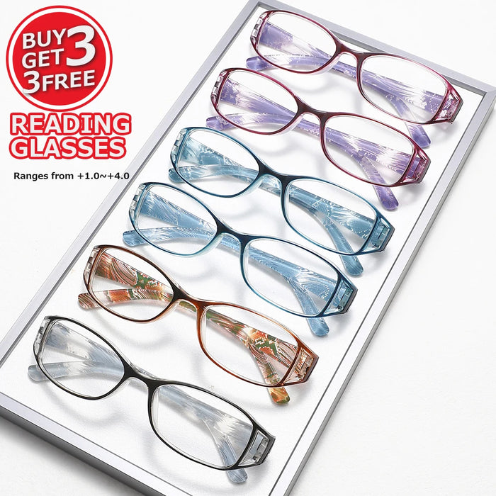 6 Pairs of Women's Rectangular Small Frame Reading Glasses, Textured Printing Design, Anti Blue Light Multi-Color Portable
