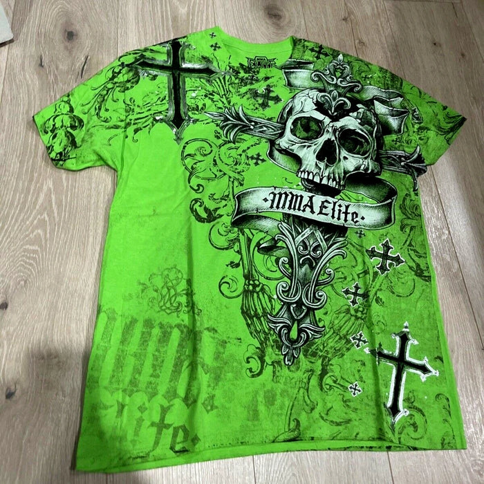 MMA ELITE Cross Skull Print Green Y2K T Shirt Men Loose Fit Streetwear Graphic Tee Oversized Glow Dark Party Ins Popularity Tops