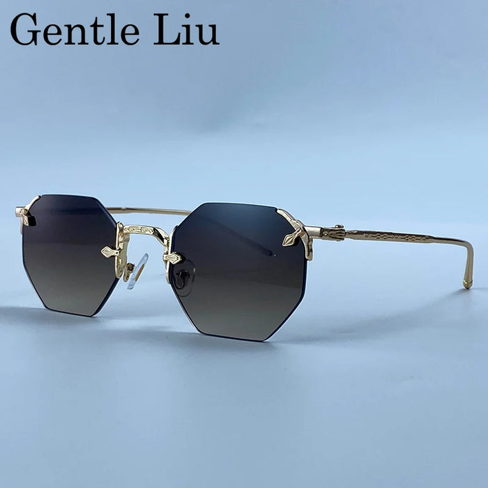 Vintage Rimless Octagon Sunglasses Men 2026 Luxury Designer Steampunk Gold Metal Frame Sun Glasses Retro Hip Hop Frameless Shade