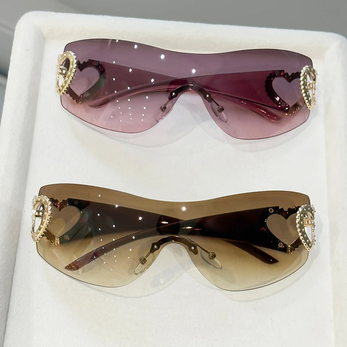 2 gafas Y2K integradas sin montura, diseño de doble corazón, versátiles para fotografía callejera diaria/viajes de mujer